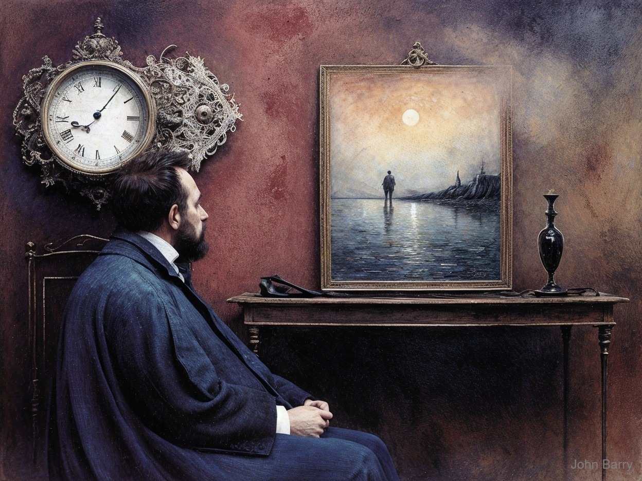 Lone Figure on Shore with Moon and Vintage Decor