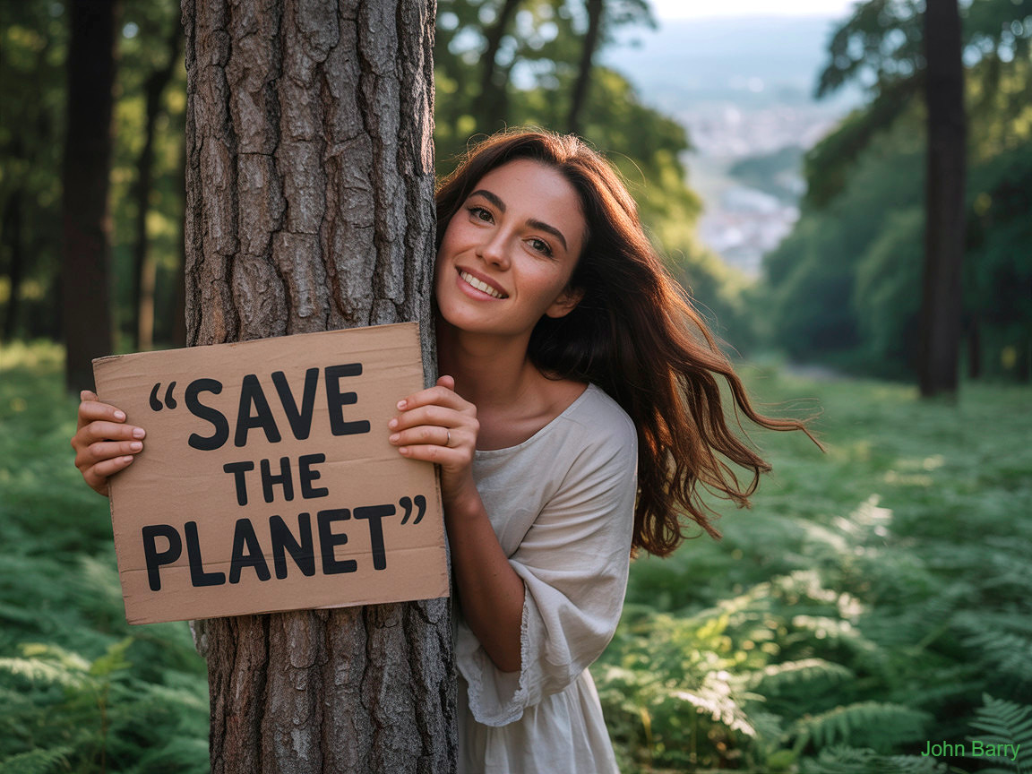 Young woman with sign in green forest setting