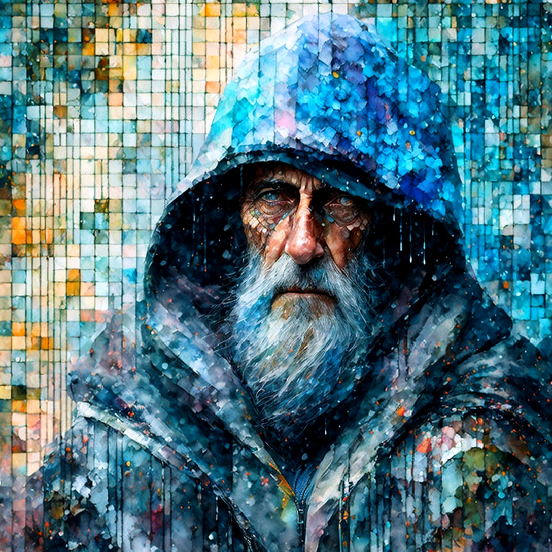 Mosaic Digital Painting of Older Man in Hooded Jacket