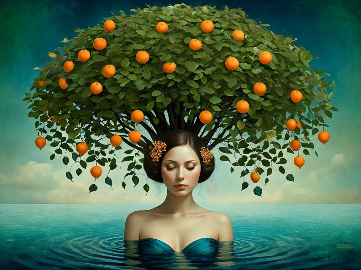 Woman in tranquil waters with tree-like hair