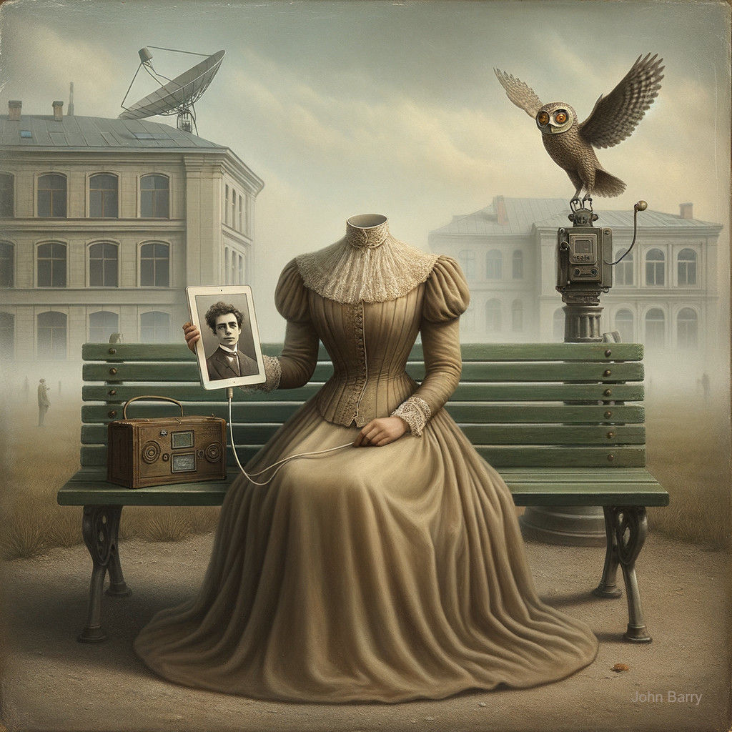 Headless Figure in Vintage Dress on Park Bench