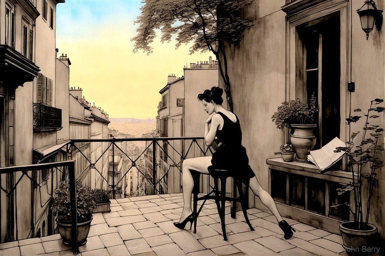 Woman in Black Dress on Balcony at Sunset