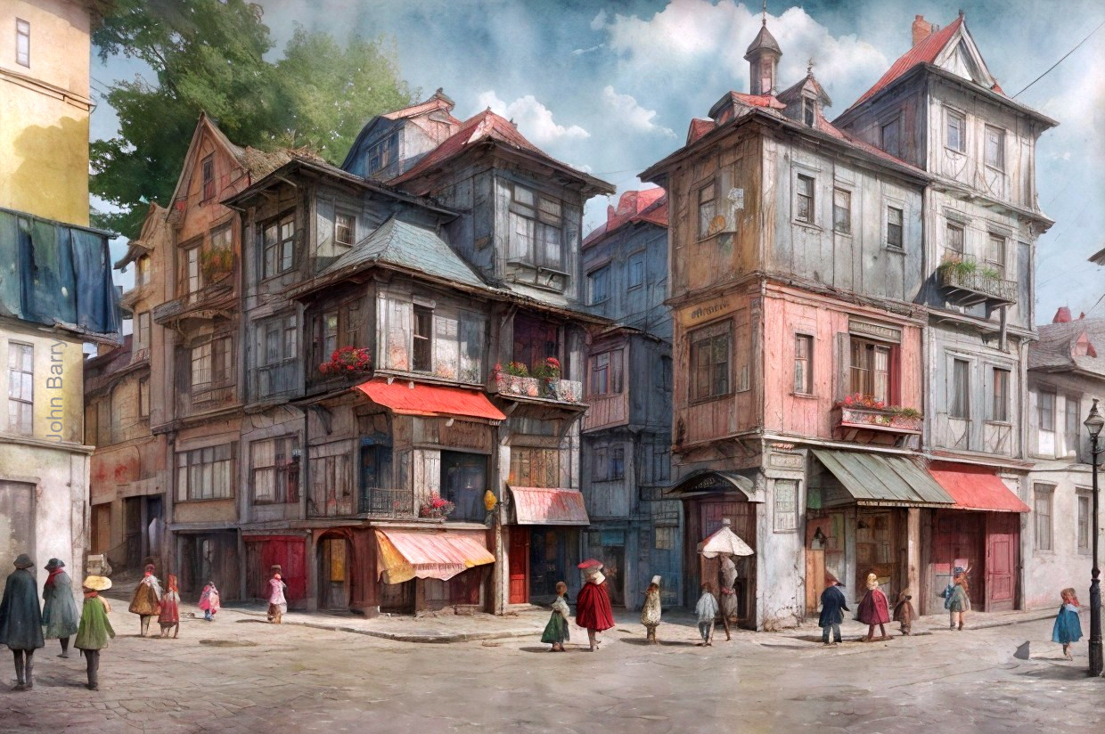 Charming Vintage Street Scene with Colorful Buildings