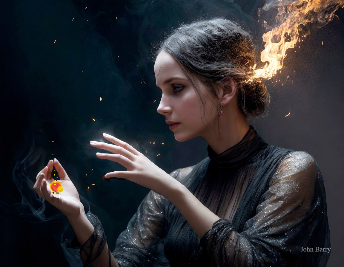 Ethereal Woman Holding Glowing Orb in Mystical Scene