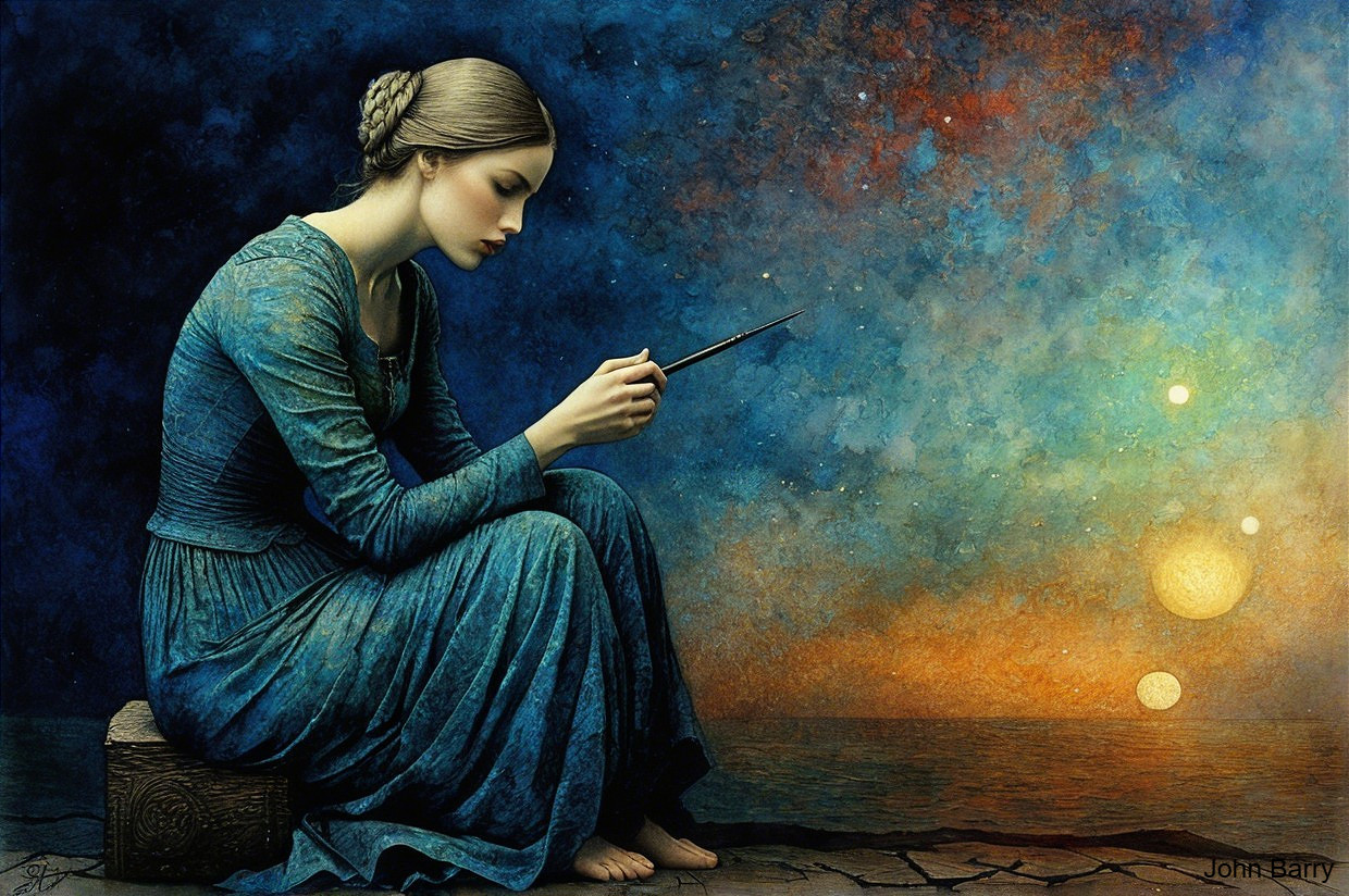 Serene Woman Contemplates Cosmic Mysteries at Dusk