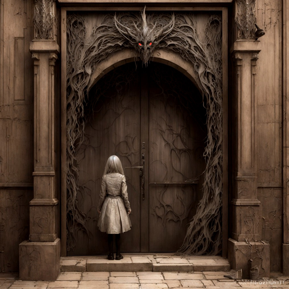 White-Haired Person Standing by Sinister Wooden Door