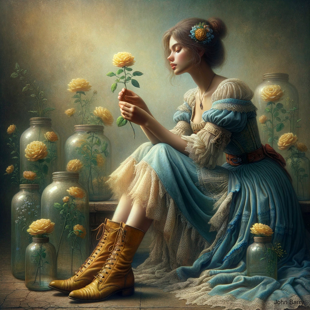 Young Woman Surrounded by Yellow Roses in Sunlit Setting
