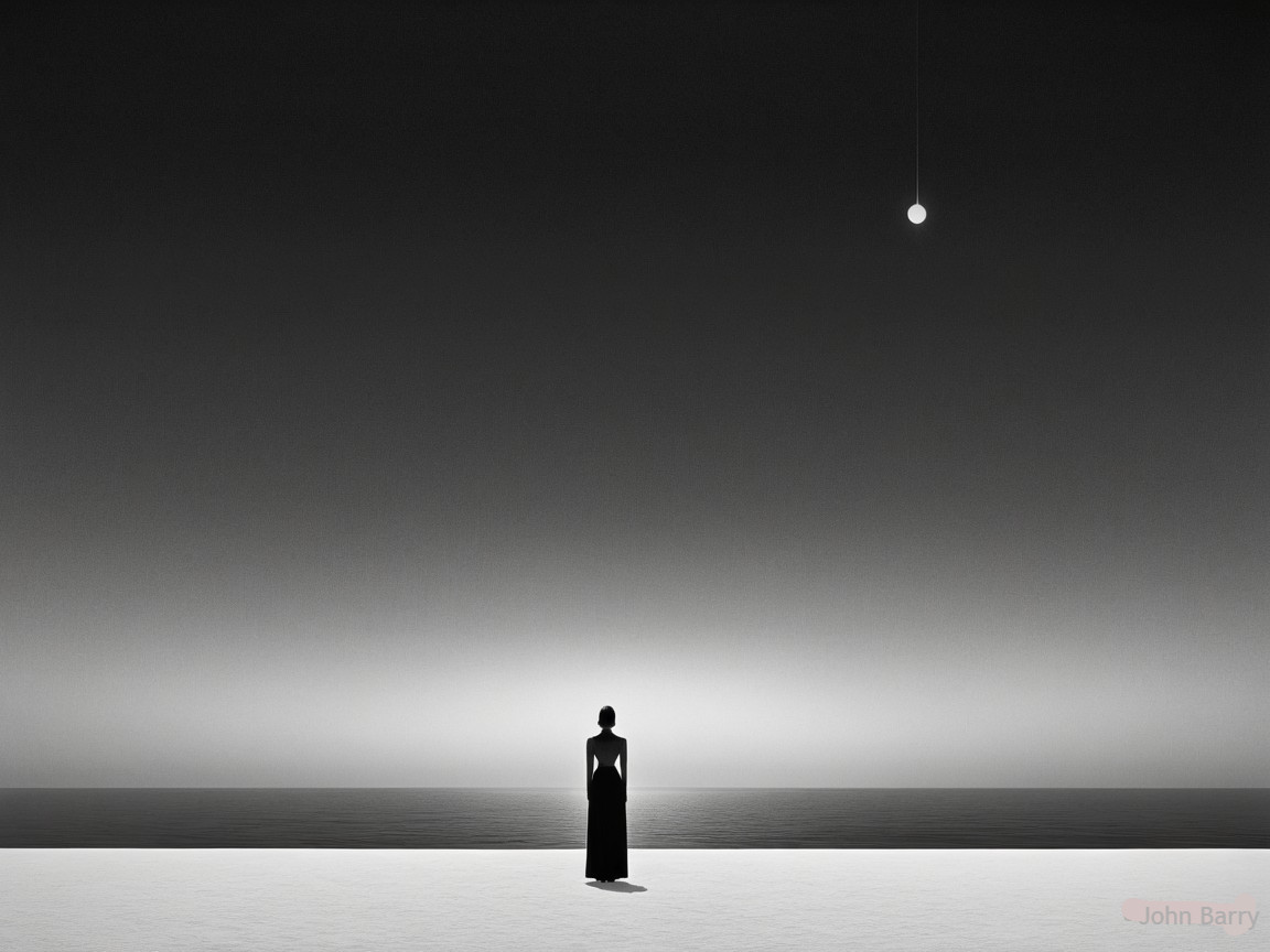 Solitary Figure in Minimalistic Seascape with Light