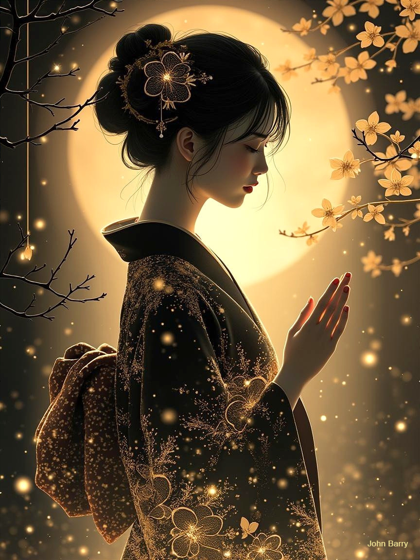 Serene Woman in Kimono Against Full Moon Background
