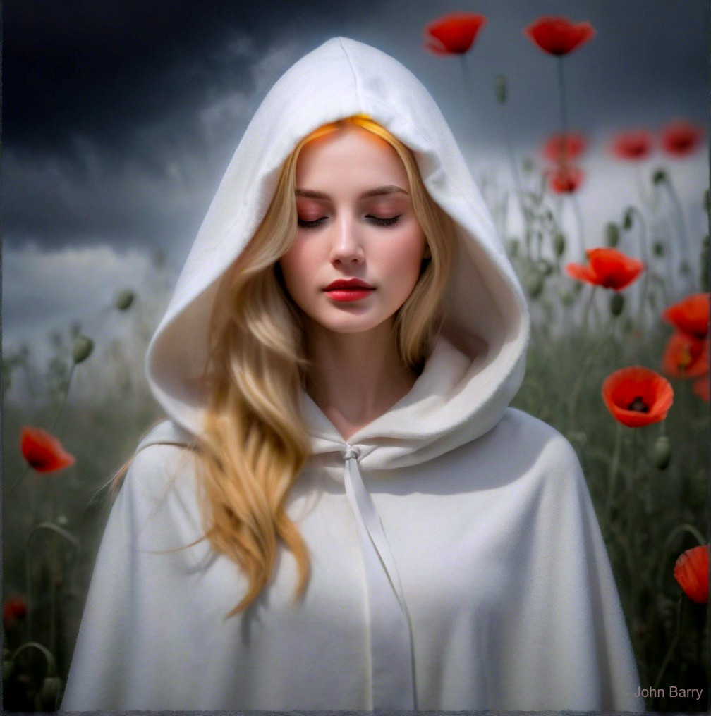 Young Woman in Cloak Among Red Poppies and Sky