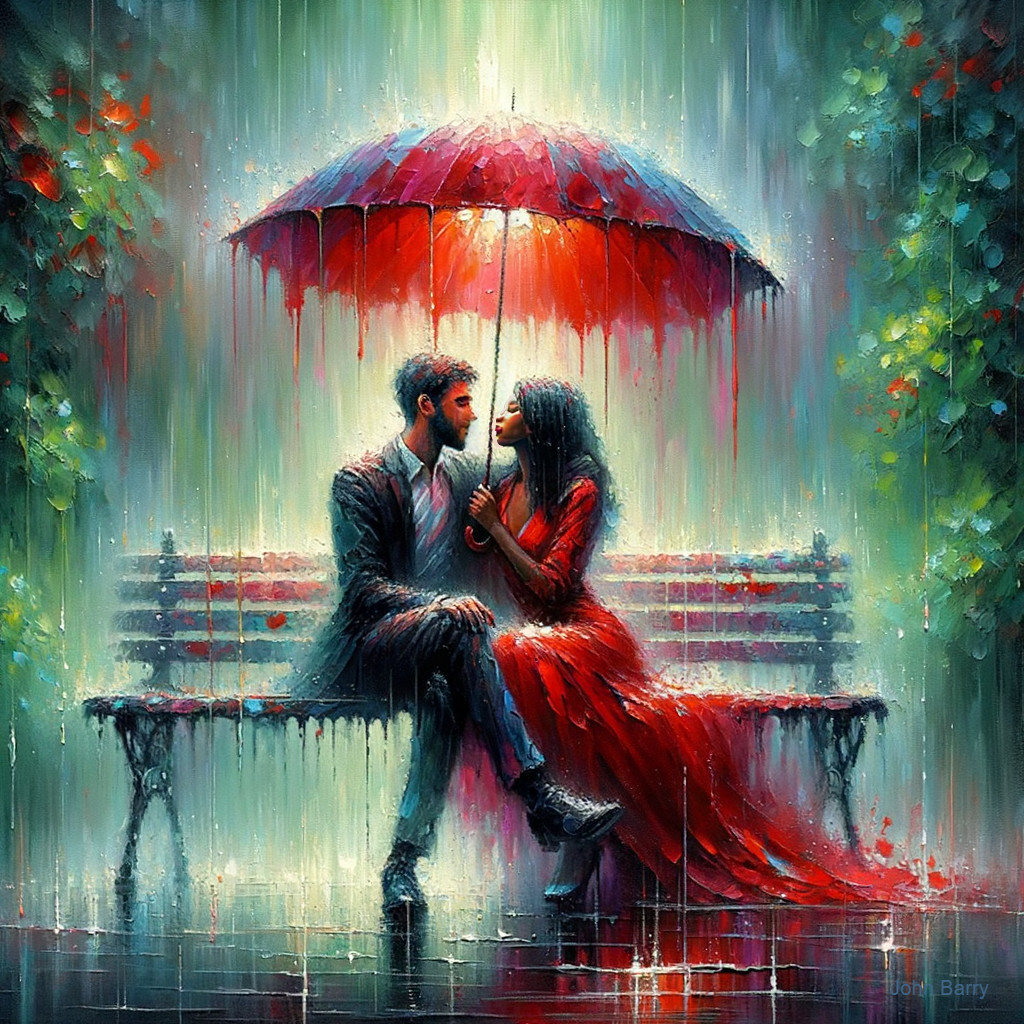 Couple Under Red Umbrella in Rainy Park Setting