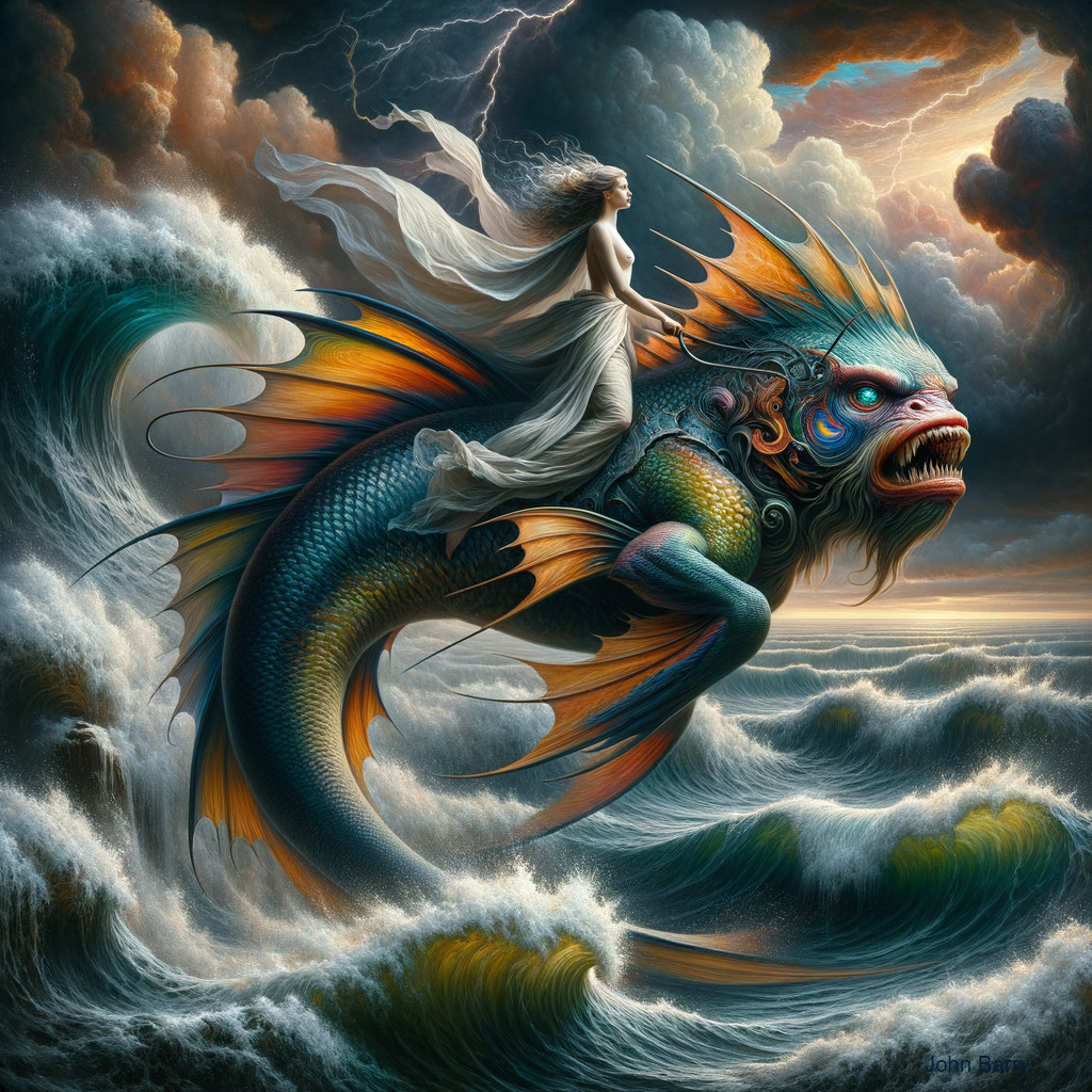 Mythical Woman Riding a Colorful Monstrous Fish