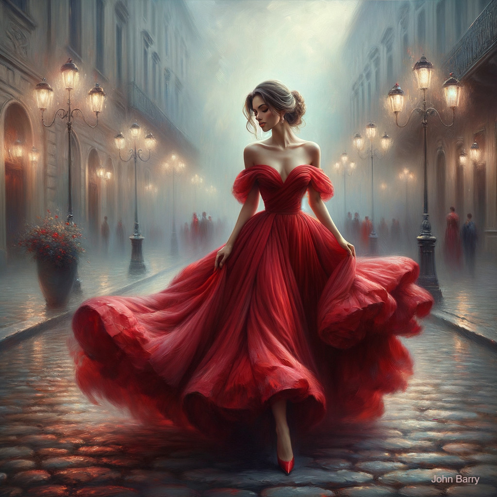 Woman in red gown on misty cobblestone street
