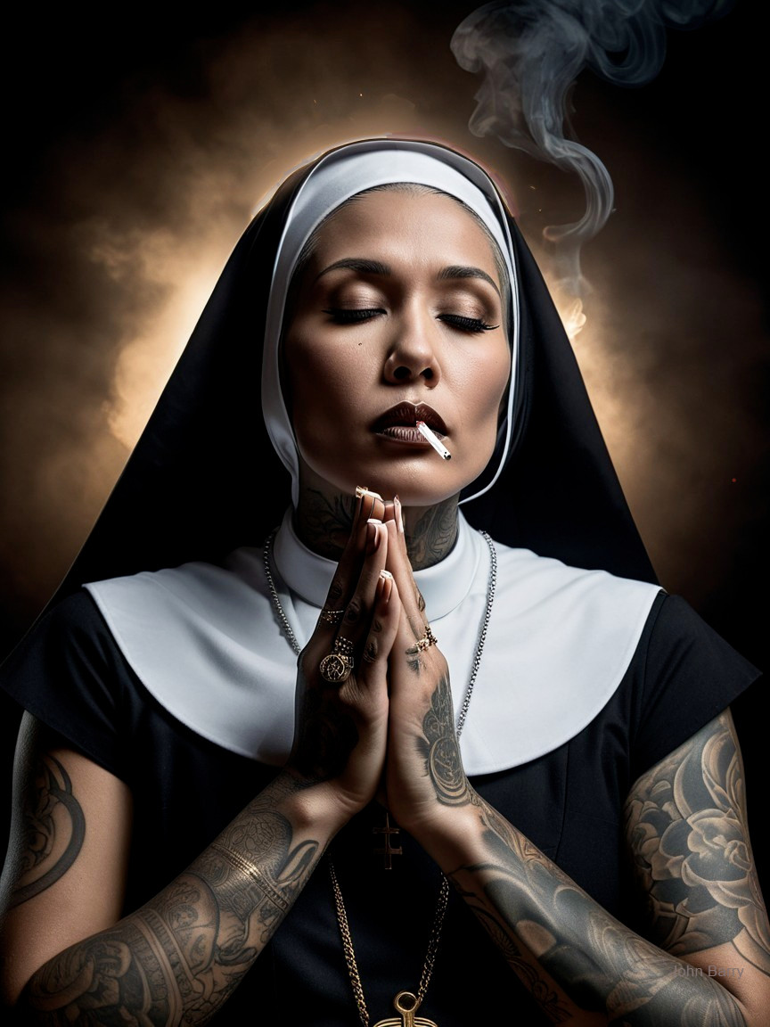 Nun in Habit with Tattoos and Cigarette in Prayer Pose