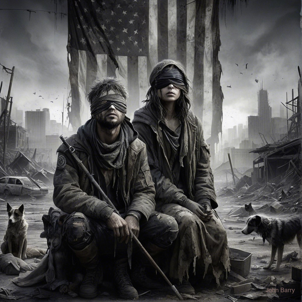 Post-Apocalyptic Scene with Blindfolded Figures and Dogs