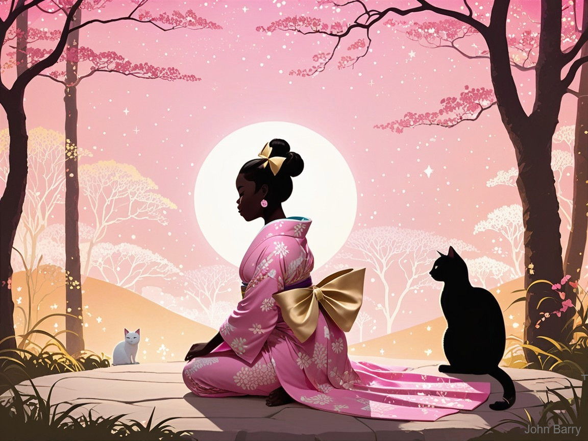 Young Woman in Pink Kimono Under Moonlit Landscape