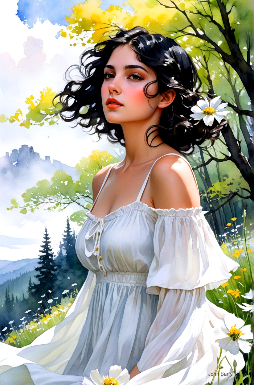Young woman in white dress amidst serene nature scene