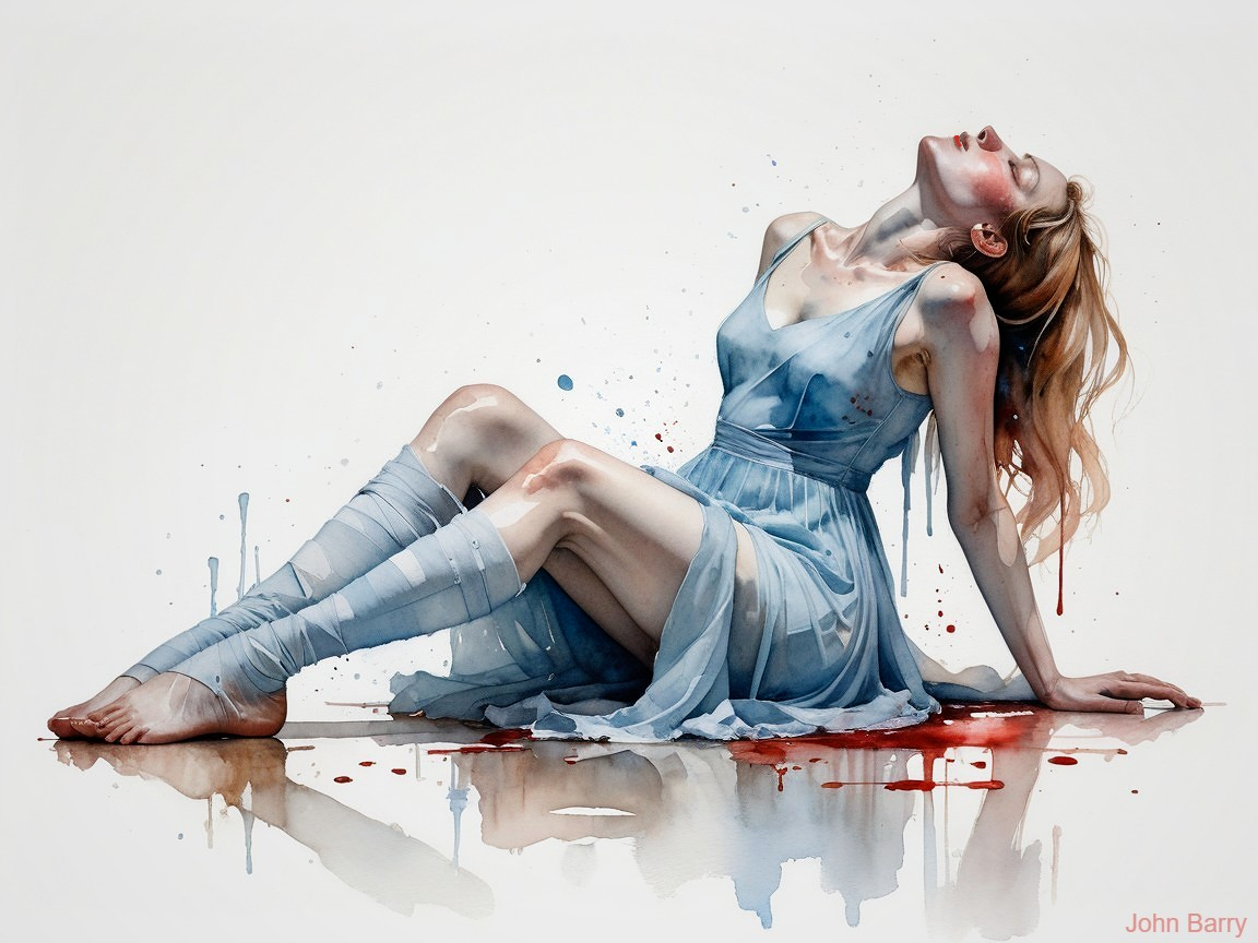 Graceful figure in blue dress against contrasting background