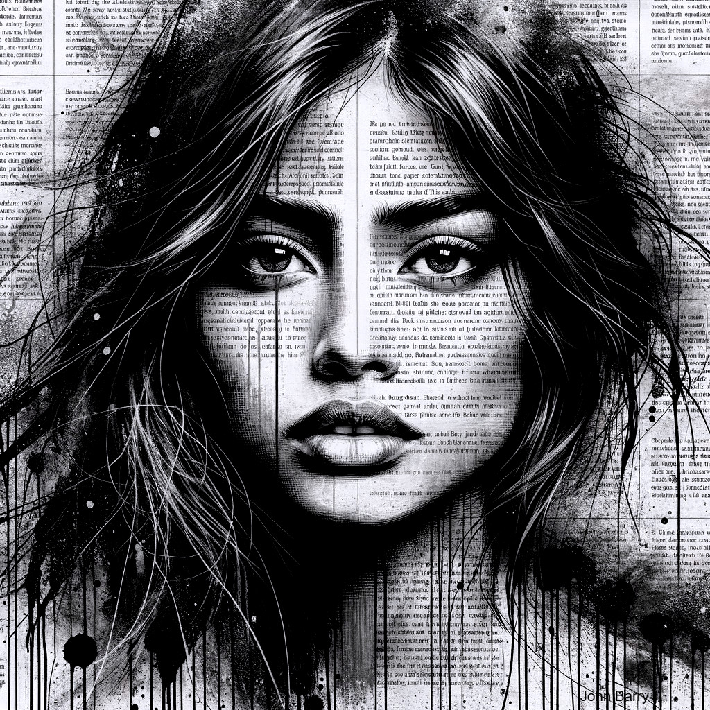 Monochrome Portrait of a Young Woman with Ink Elements