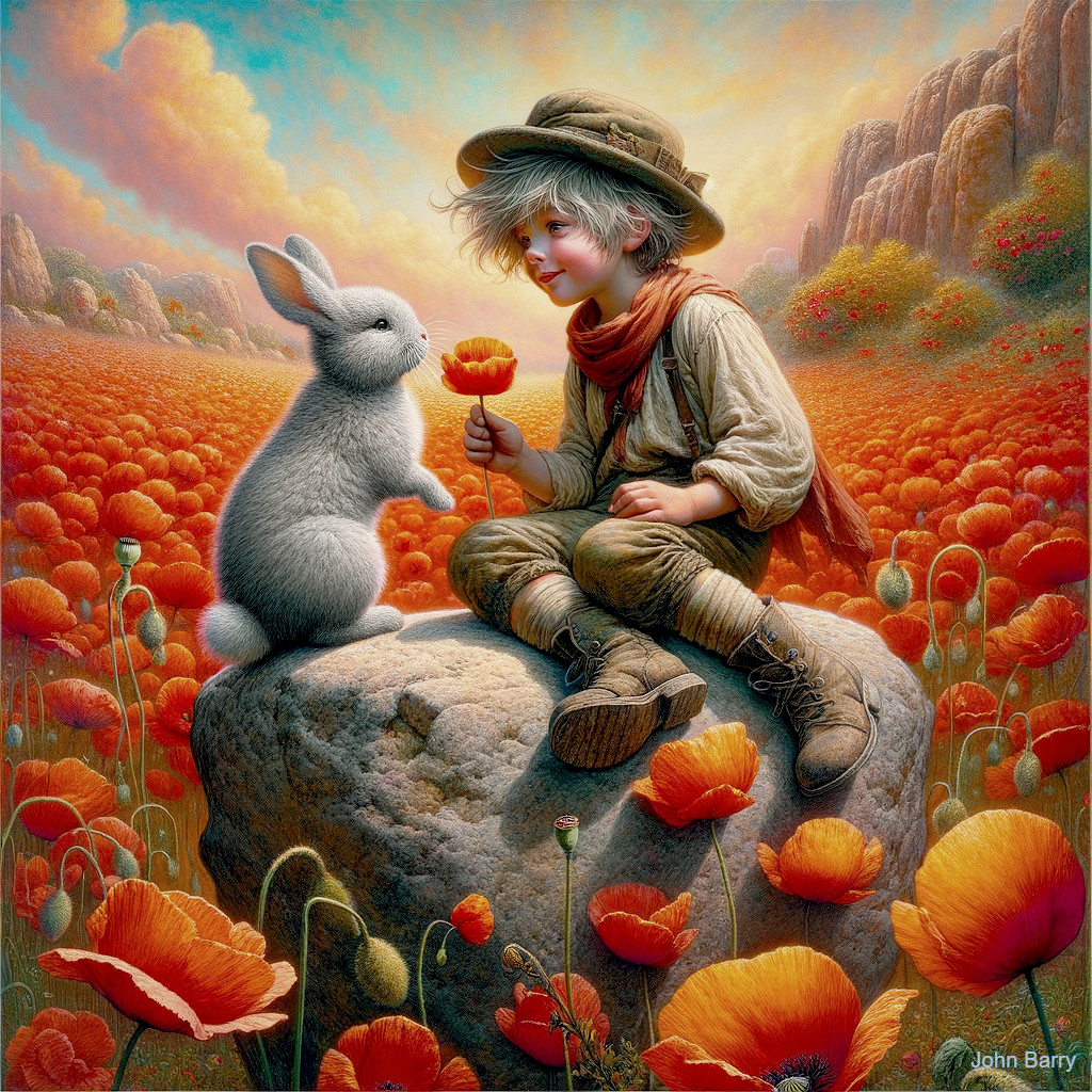 Child with Rabbit in Vibrant Poppy Field Scene