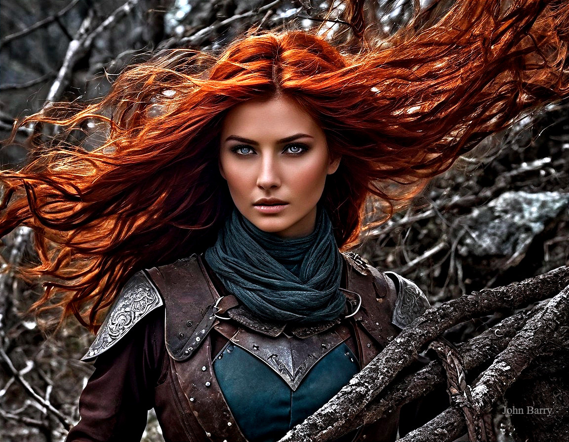 Medieval Warrior with Red Hair in Enchanted Forest