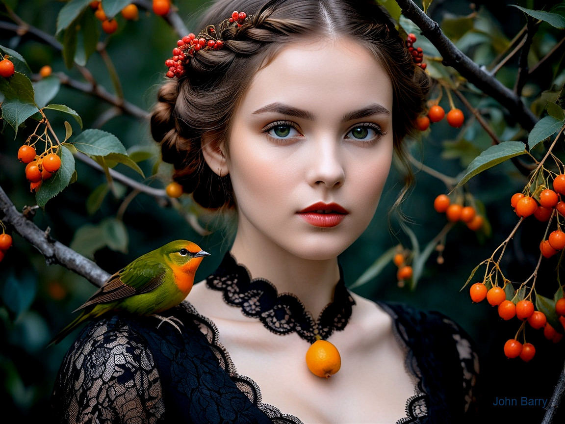 Young Woman in Greenery with Orange Berries and Bird