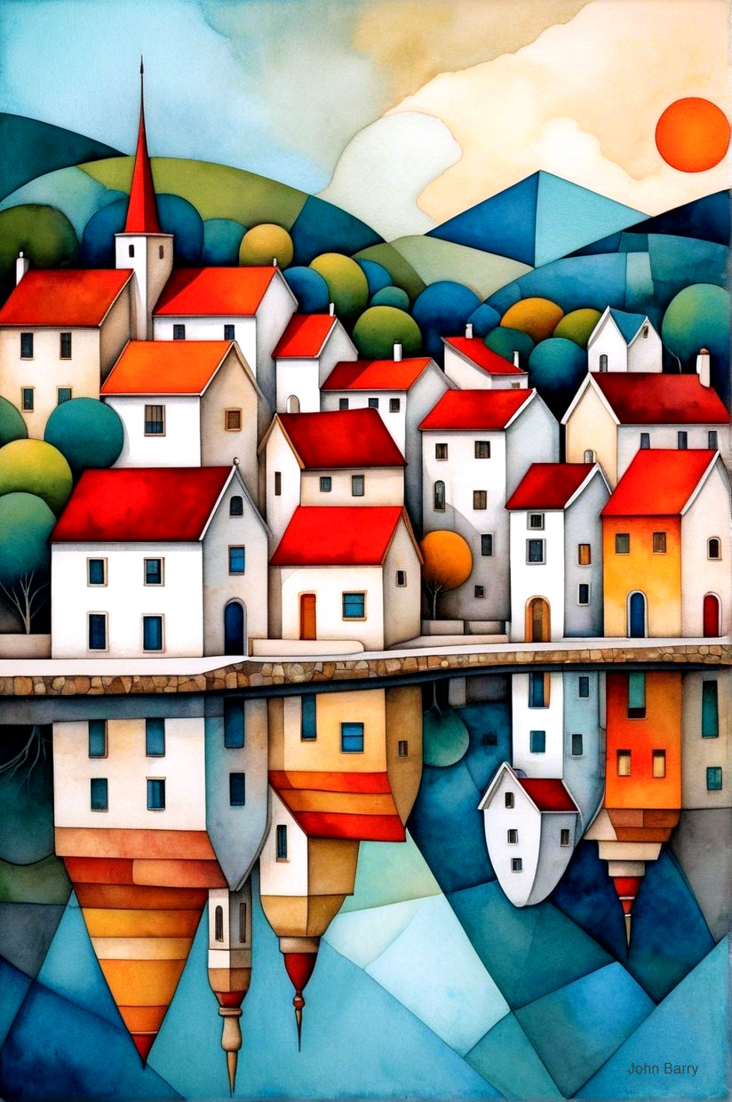 Vibrant Abstract Village Scene with Colorful Houses