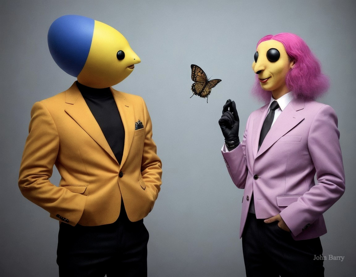 Figures in Colorful Suits with Oversized Head Masks