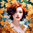 Young Woman with Red Hair Surrounded by Autumn Leaves