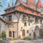 Grand Stone Arches with Purple Blossoms and Castle