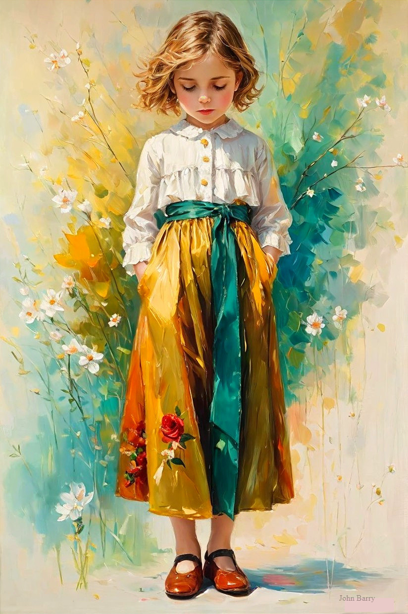 Young girl in colorful outfit with floral elements