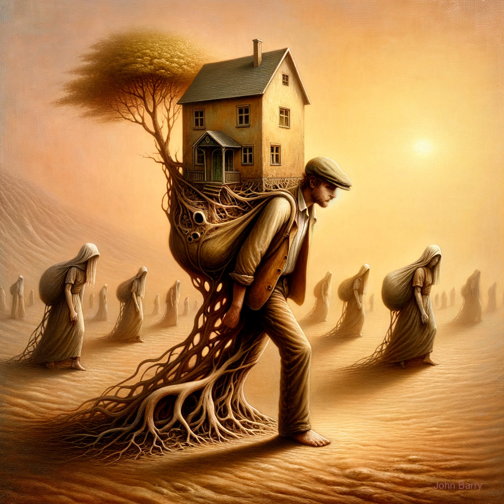 Surreal scene of a man carrying a house in a barren landscape
