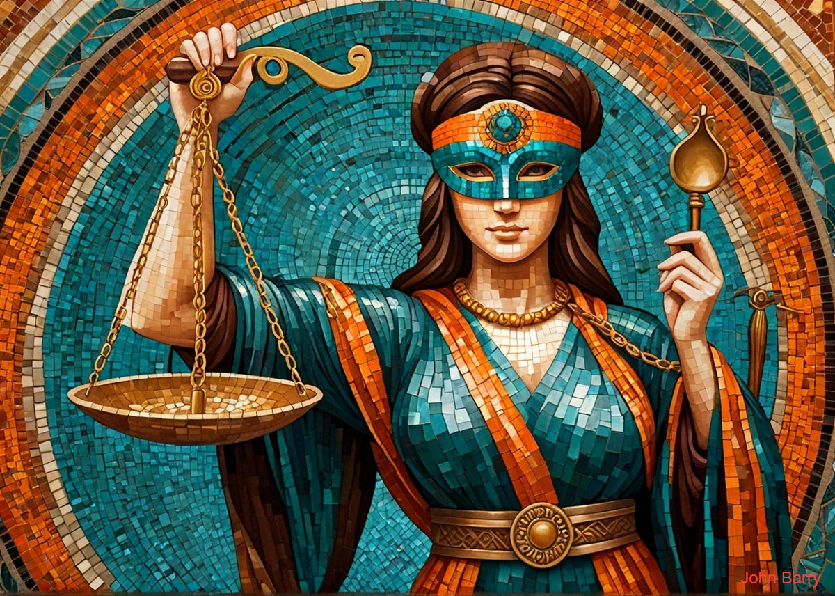 Mosaic Artwork of Lady Justice in Turquoise and Orange