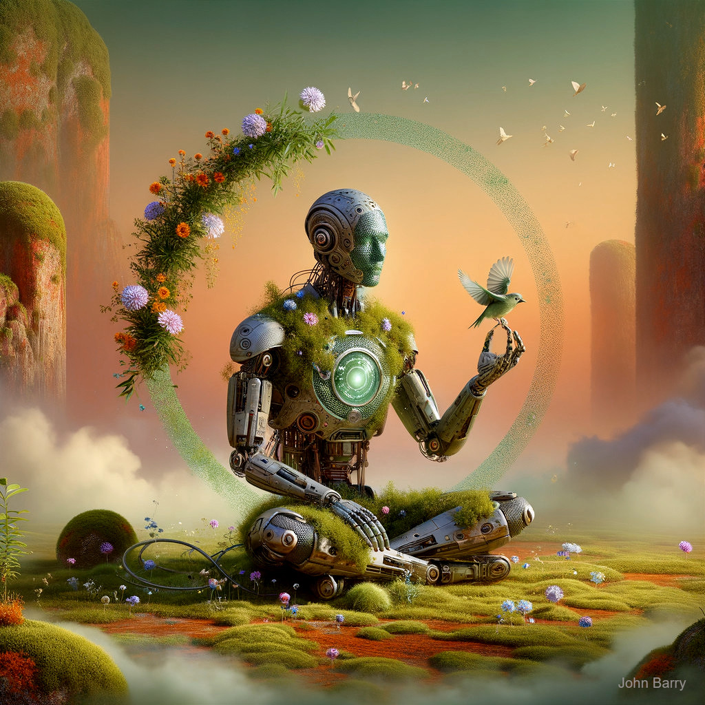 Futuristic Robot in Serene Nature Setting with Birds