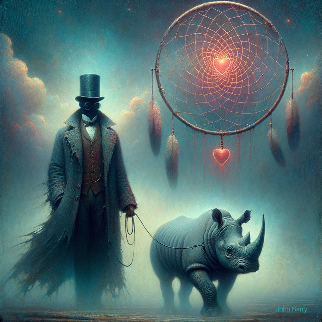 Mysterious Figure with Rhinoceros in Dreamscape