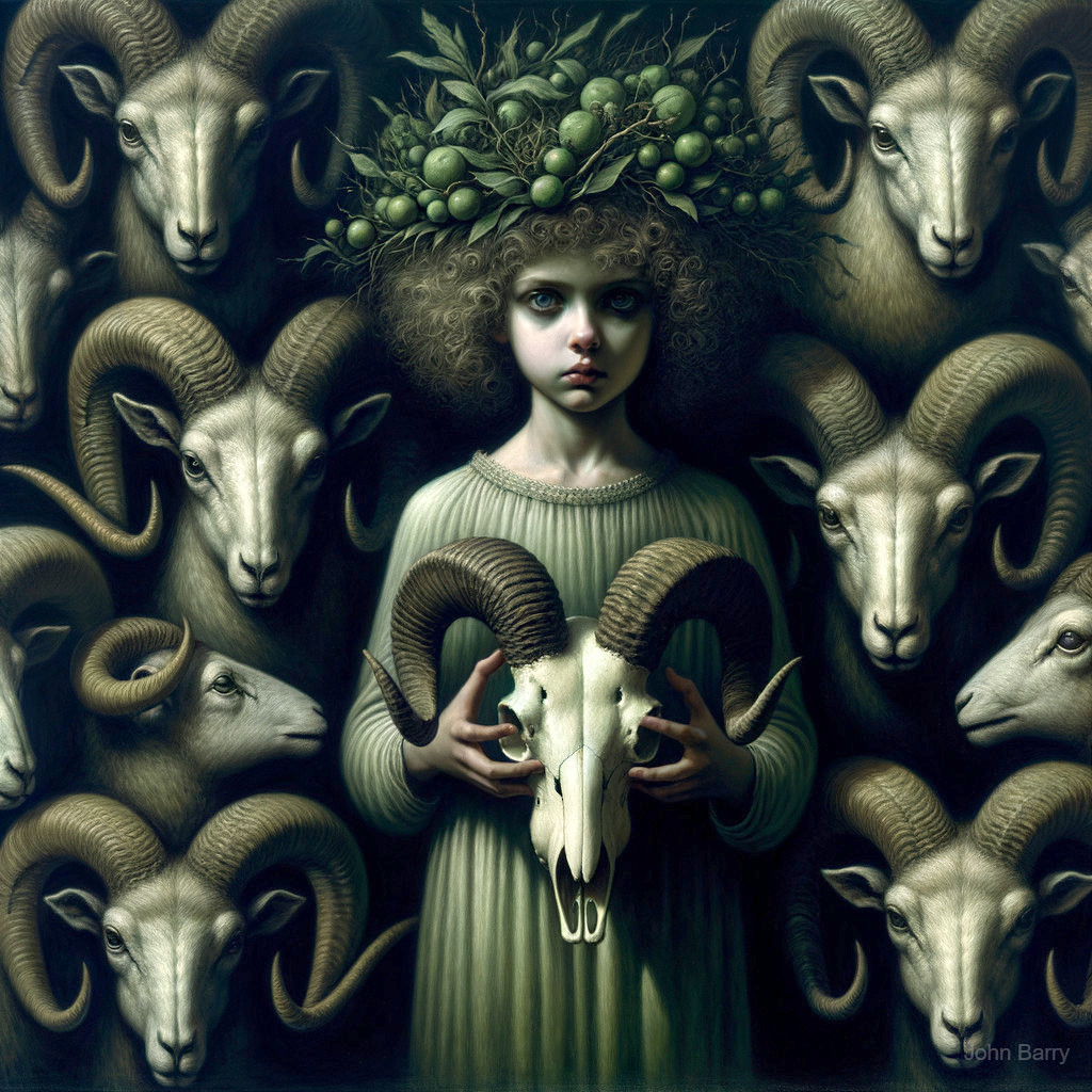Mysterious girl with ram skull and foliage crown