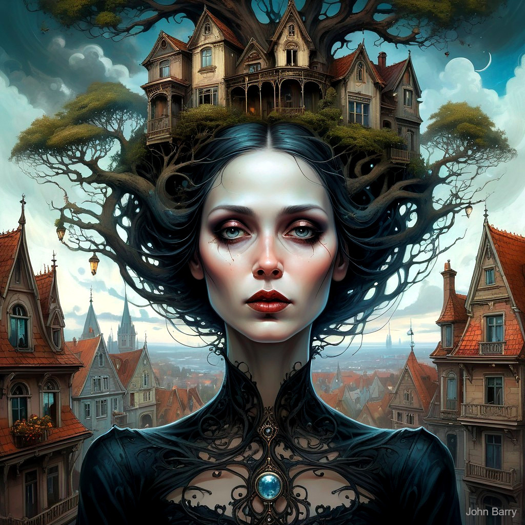 Surreal Scene of Woman with Mystical Expression and Tree