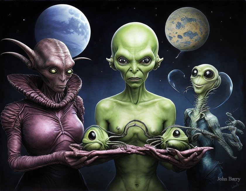 Surreal Scene with Three Unique Extraterrestrial Beings