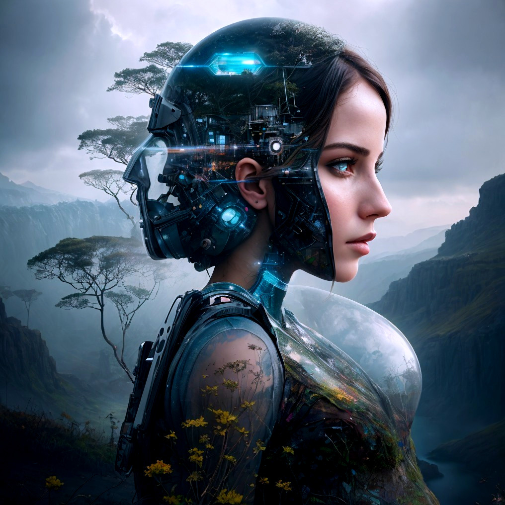 Woman with Cybernetic Enhancements in Mountain Landscape