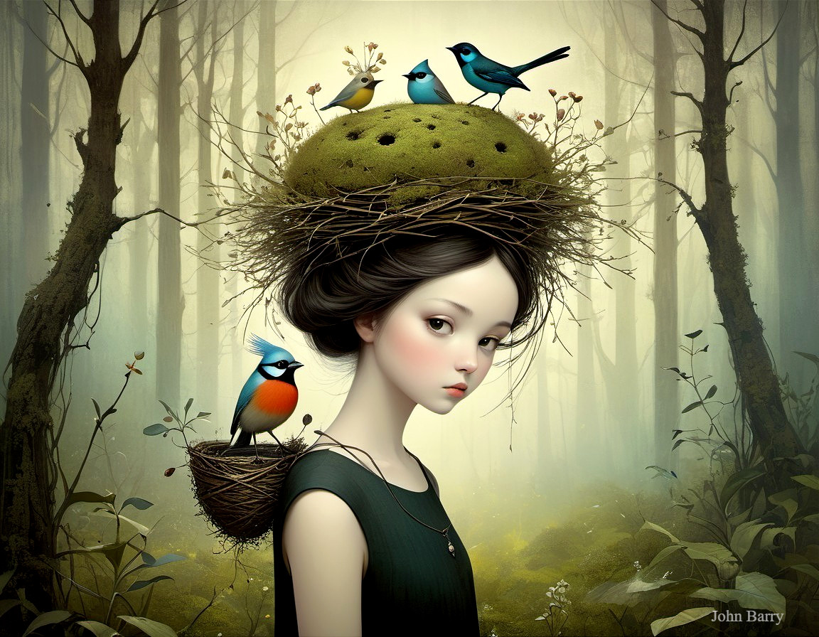 Young girl with birds in a whimsical forest setting