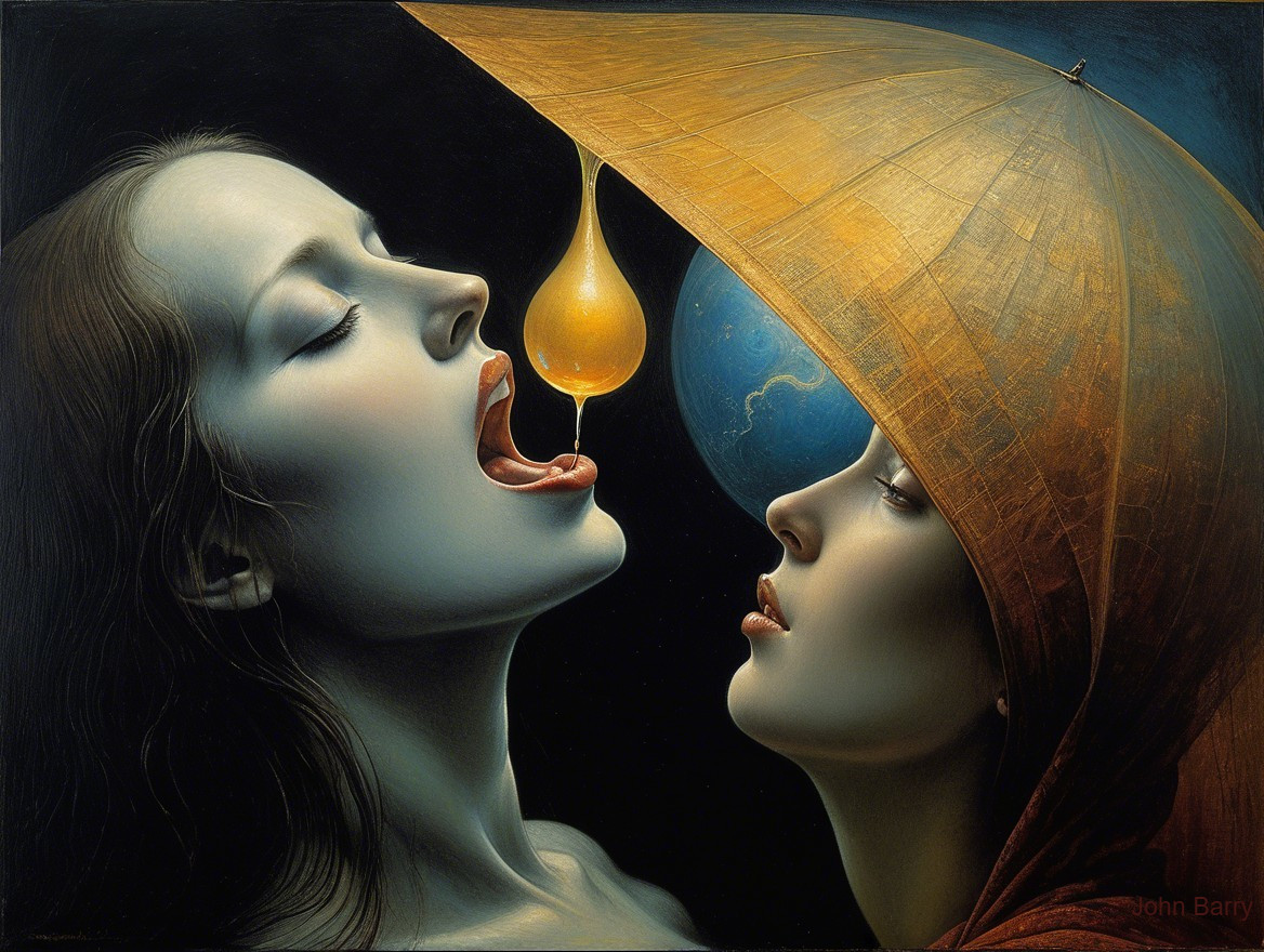 Surreal Artwork of Ethereal Figures and Earth Orb