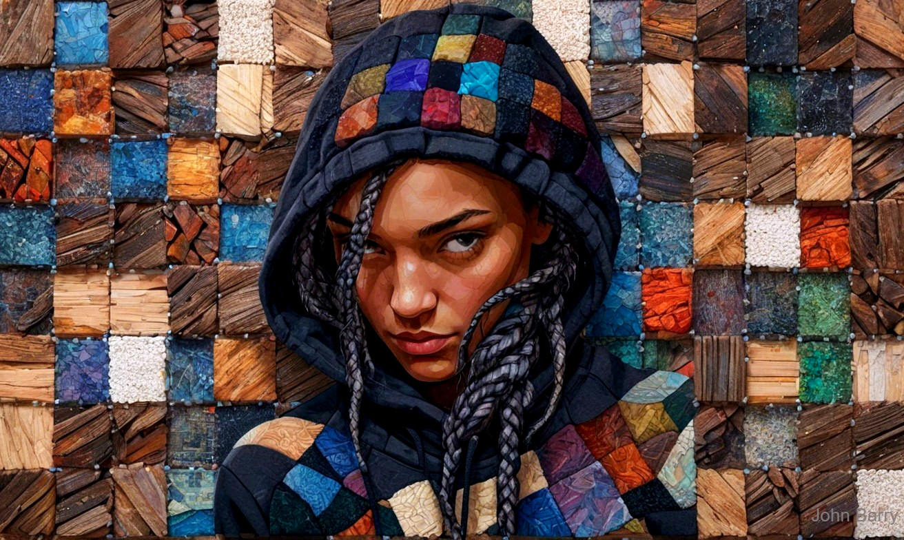 Young Woman in Hoodie with Colorful Patches and Mosaic