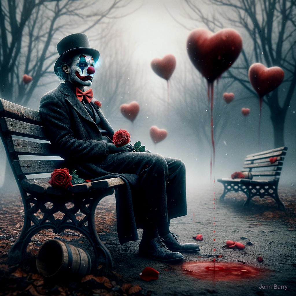 Melancholic Clown in Foggy Park with Heart Balloons