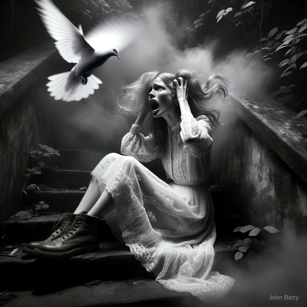 Distressed Woman in White Dress on Misty Steps