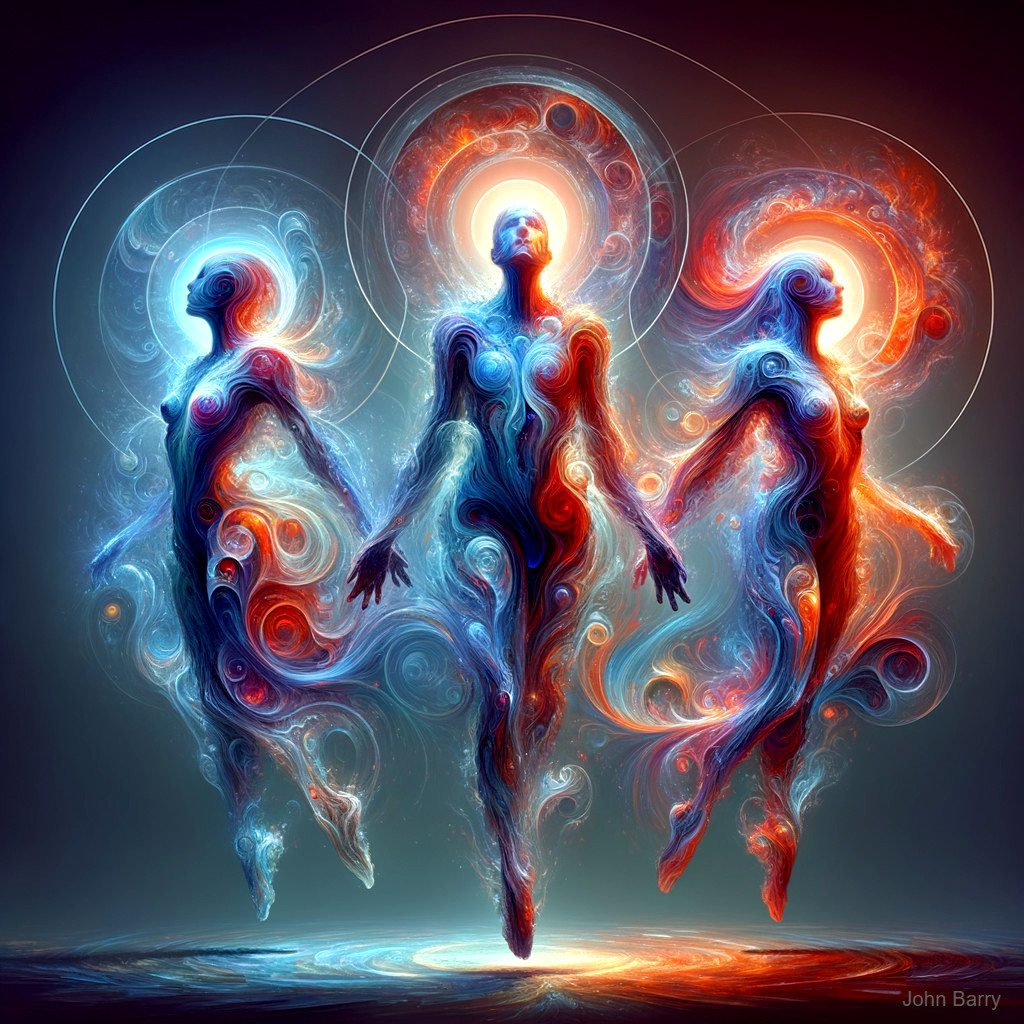 Ethereal Figures with Vibrant Colors and Light Aura