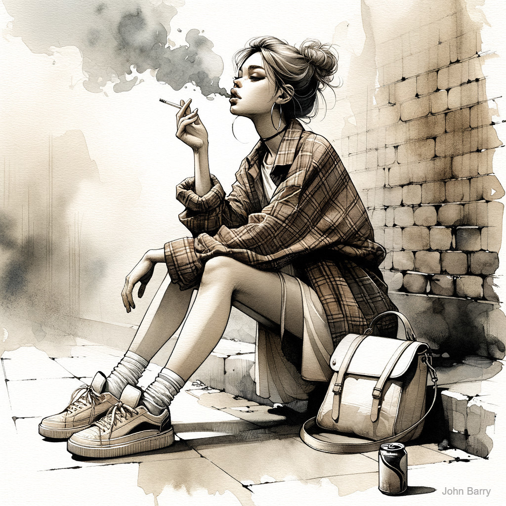 Young woman in oversized flannel by brick wall