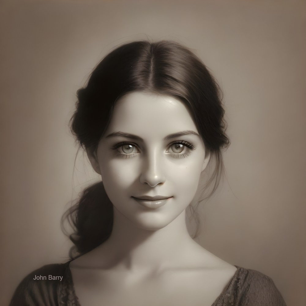 Young woman with flowing hair in monochromatic tone