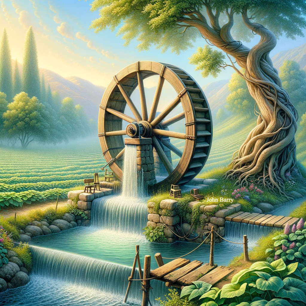 Serene Landscape Featuring Waterwheel and Lush Greenery