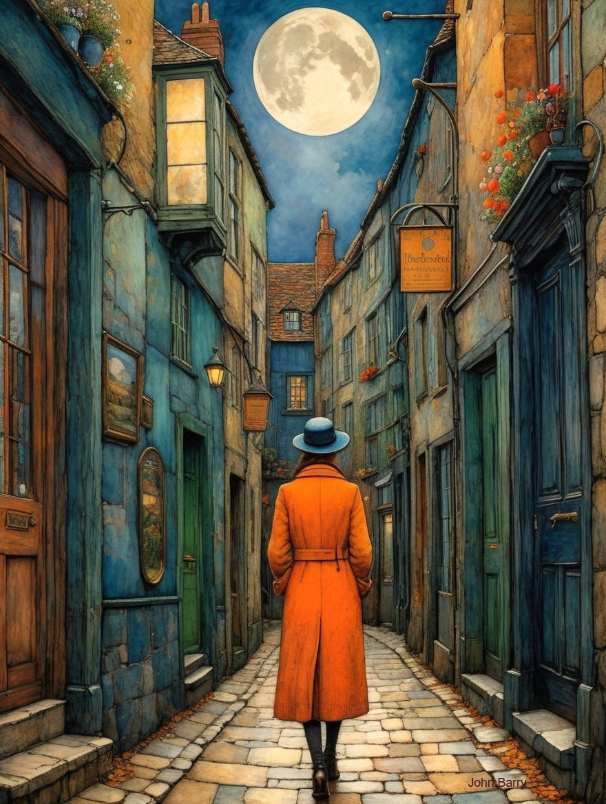 Lone Figure in Orange Coat on Cobblestone Alley