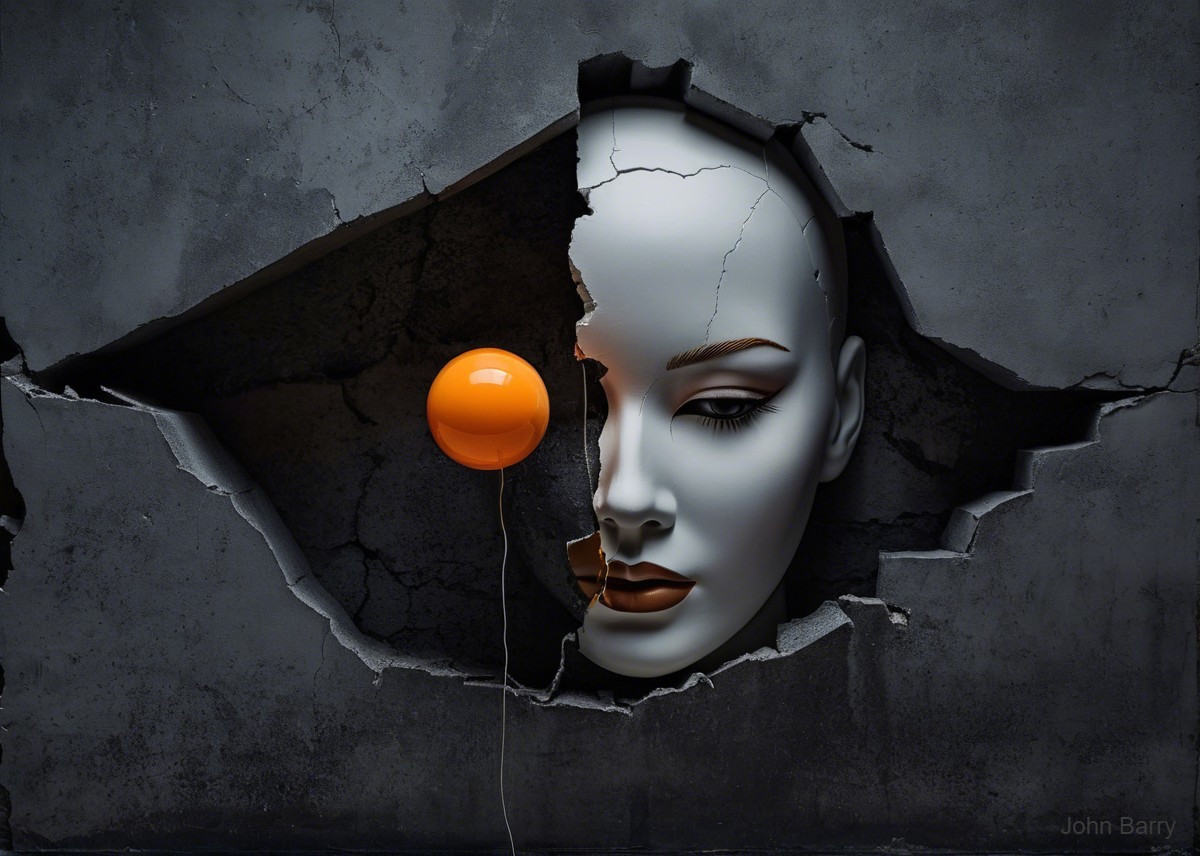 Cracked Wall with Mannequin Face and Orange Orb